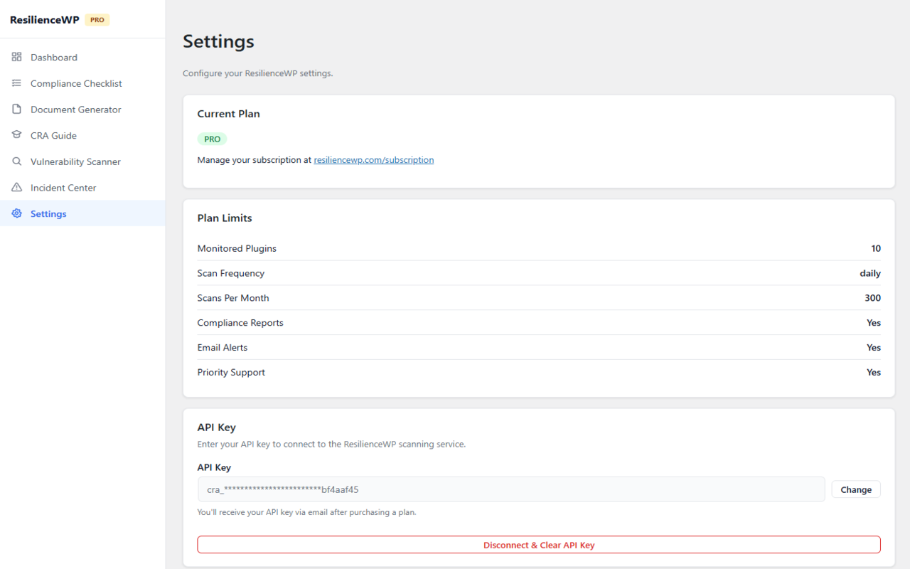 Settings page showing API key entry, connected plan status, site URL configuration, and webhook endpoint management (Pro).