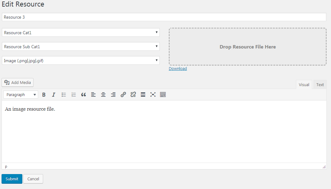 Edit Resource form in Admin section.