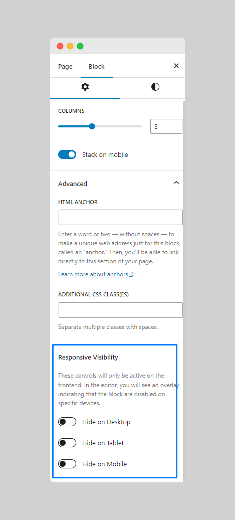 Open the Advanced settings to access Responsive Block Visibility Swap Controls