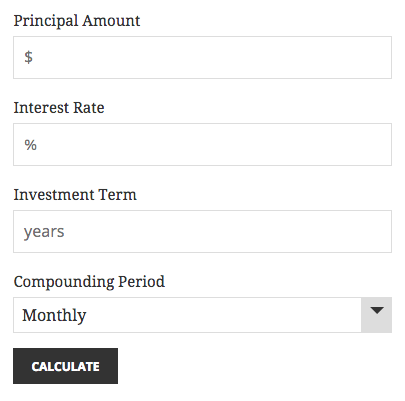 The investment calculator fits in the widgets area of your theme or on any page and blends right in. The form inputs are styled simply and unobtrusively. The ‘Calculate’ button takes it’s styling from your theme.