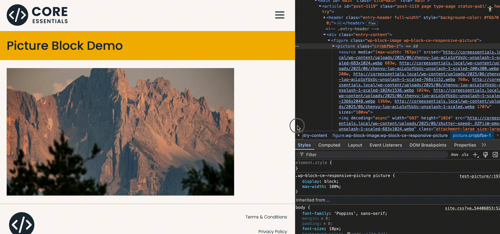 Choosing Responsive Picture Block in the block editor
