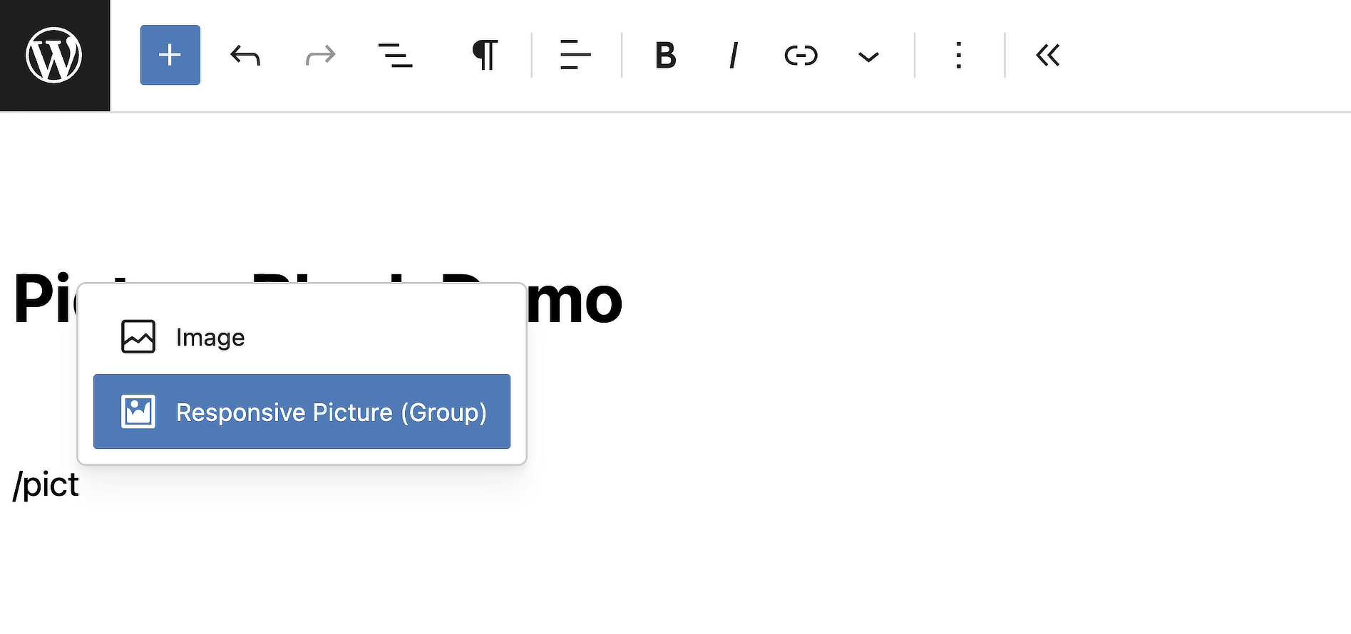 Choosing Responsive Picture Block in the block editor
