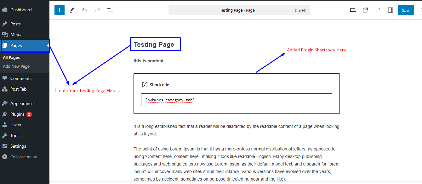 Add Shortcode on Testing Page
