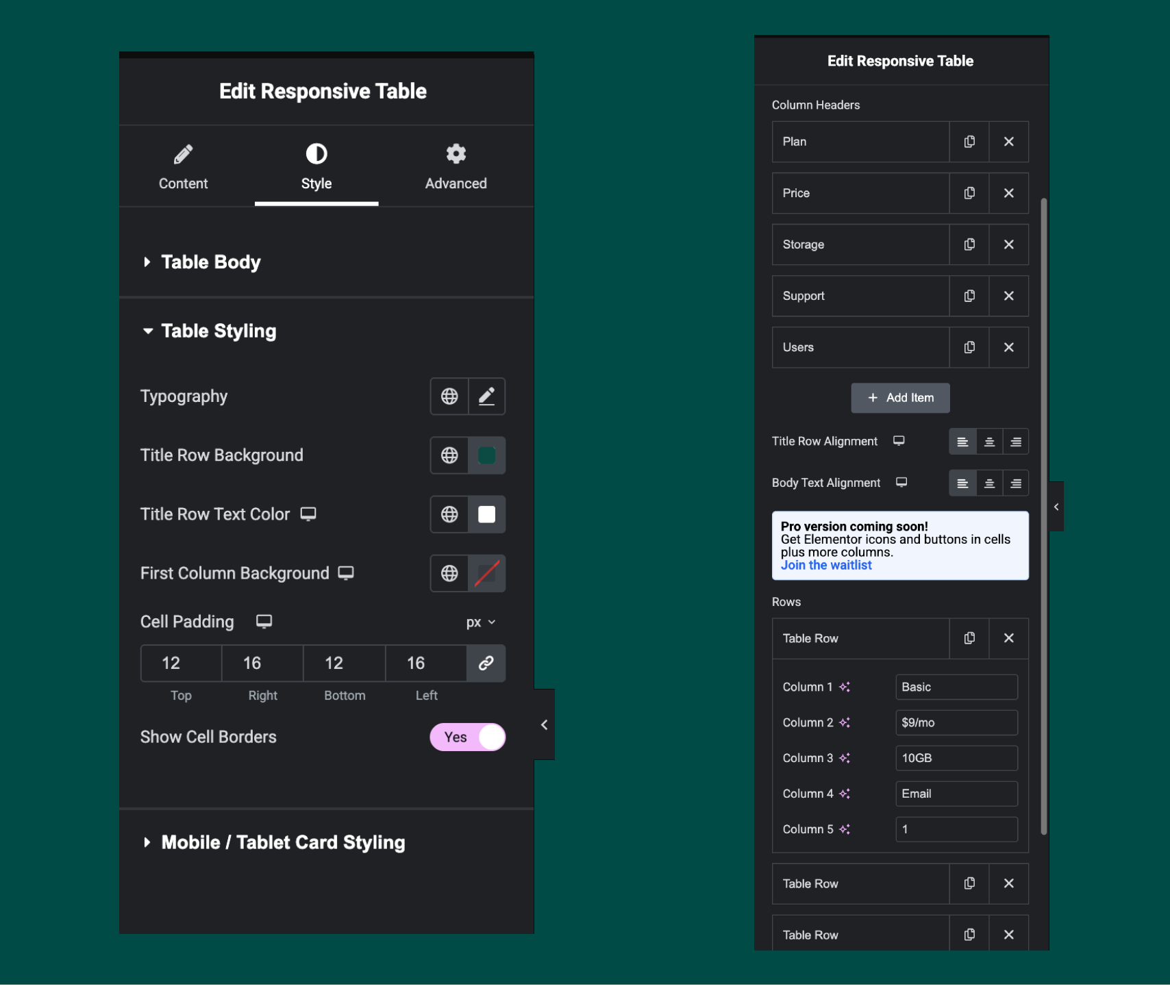 Elementor widget settings panel