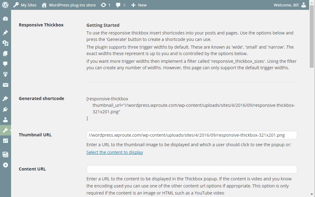 The shortcode builder and some of the options available.