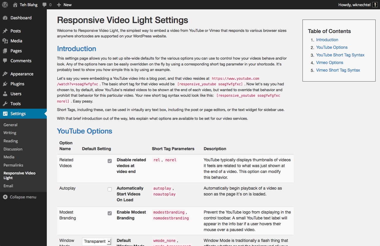 The settings page which also shows example usage