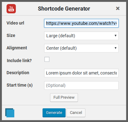Settings page shortcode generator