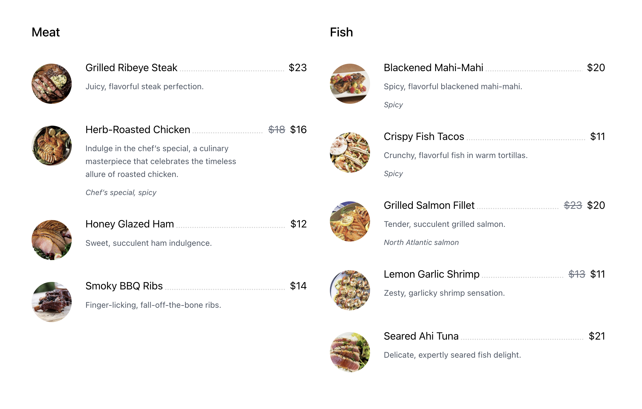 Restaurant menu (front view - circle images)