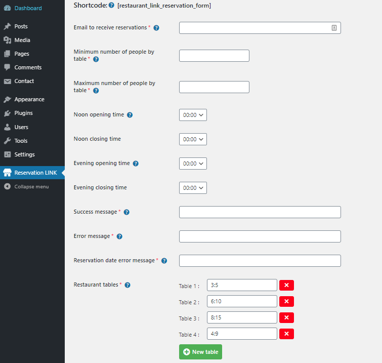 Booking form settings
