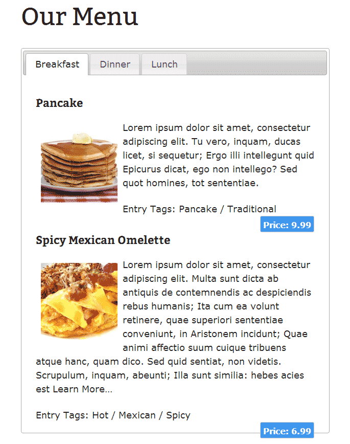 Restaurant menu displayed in jQuery tabs.