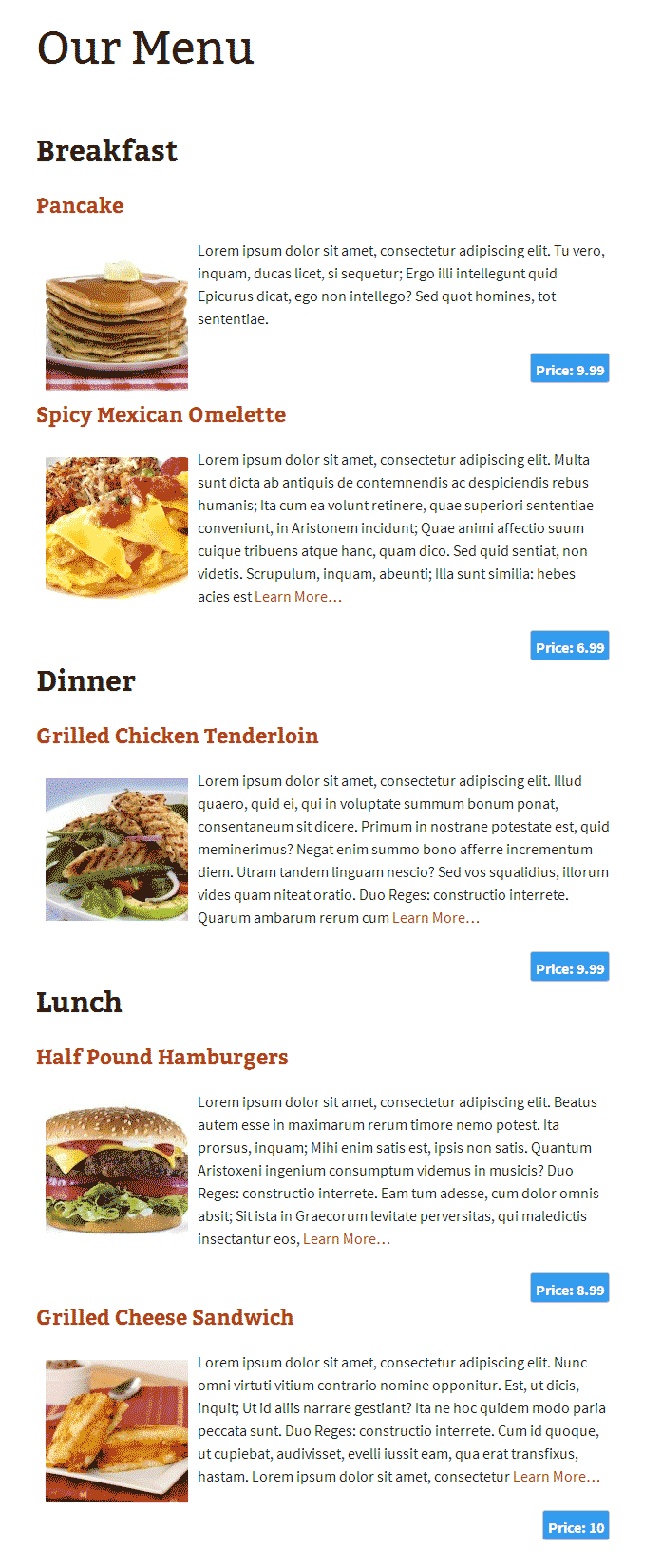 Restaurant menu displayed in simple list.