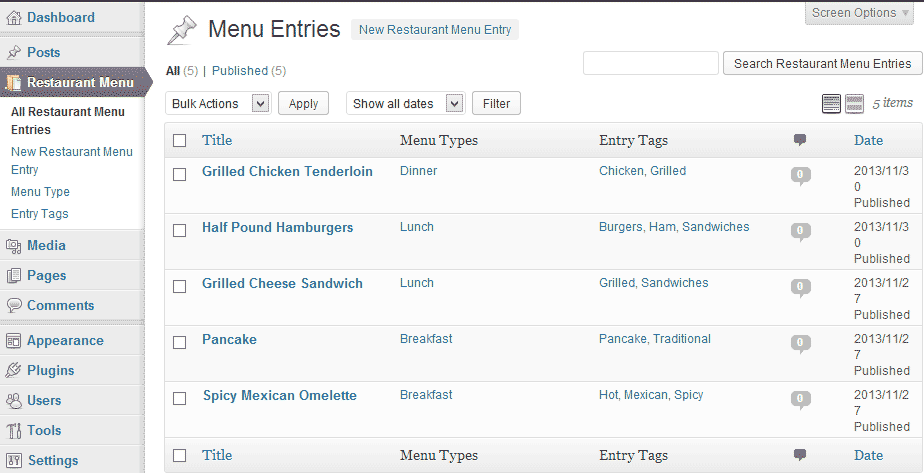 All Restaurant Menu Entries Screen.