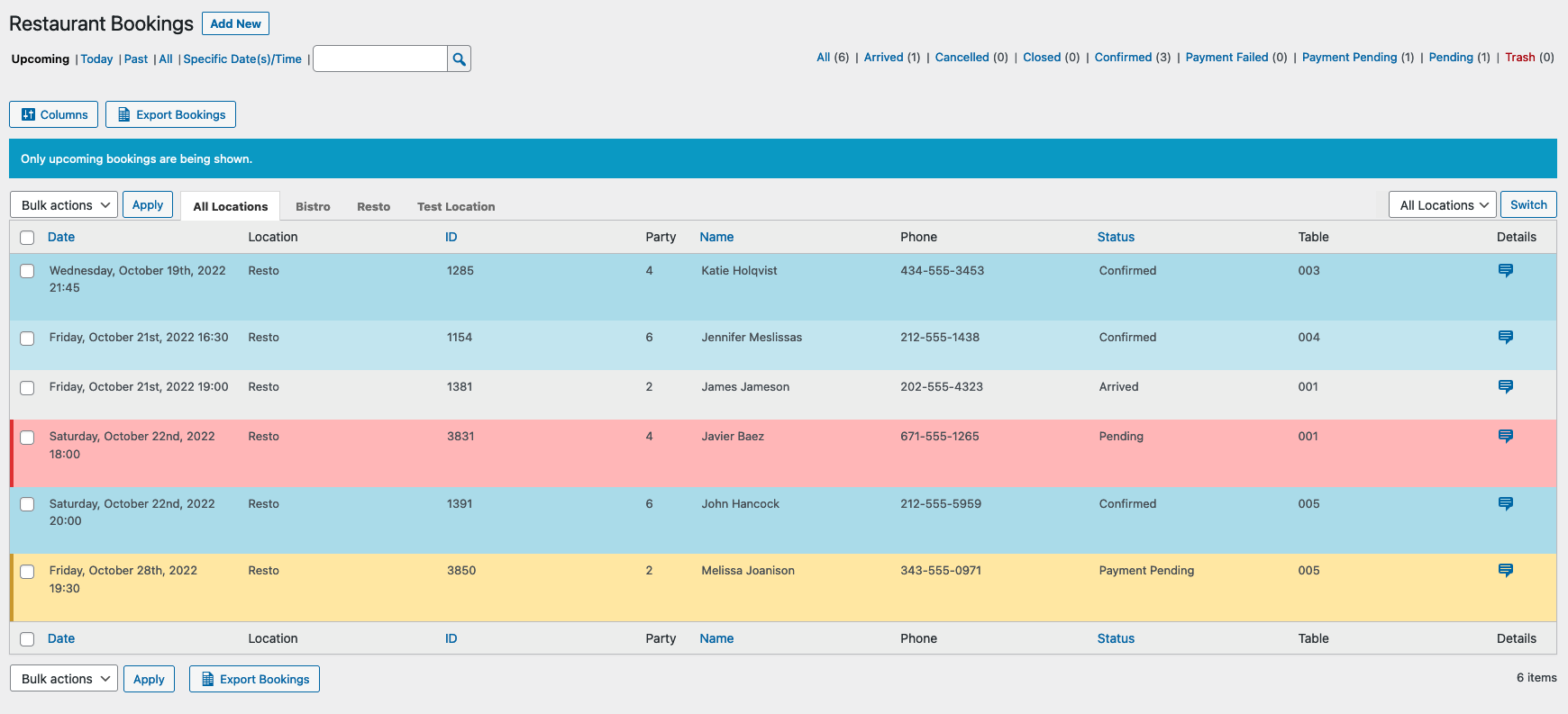Booking form with the default layout, with multiple locations, tables and deposits enabled.