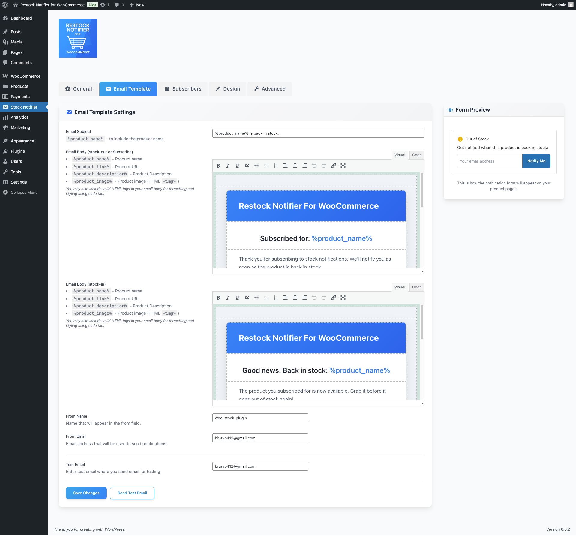 Email template editor with live preview and dynamic tag support.