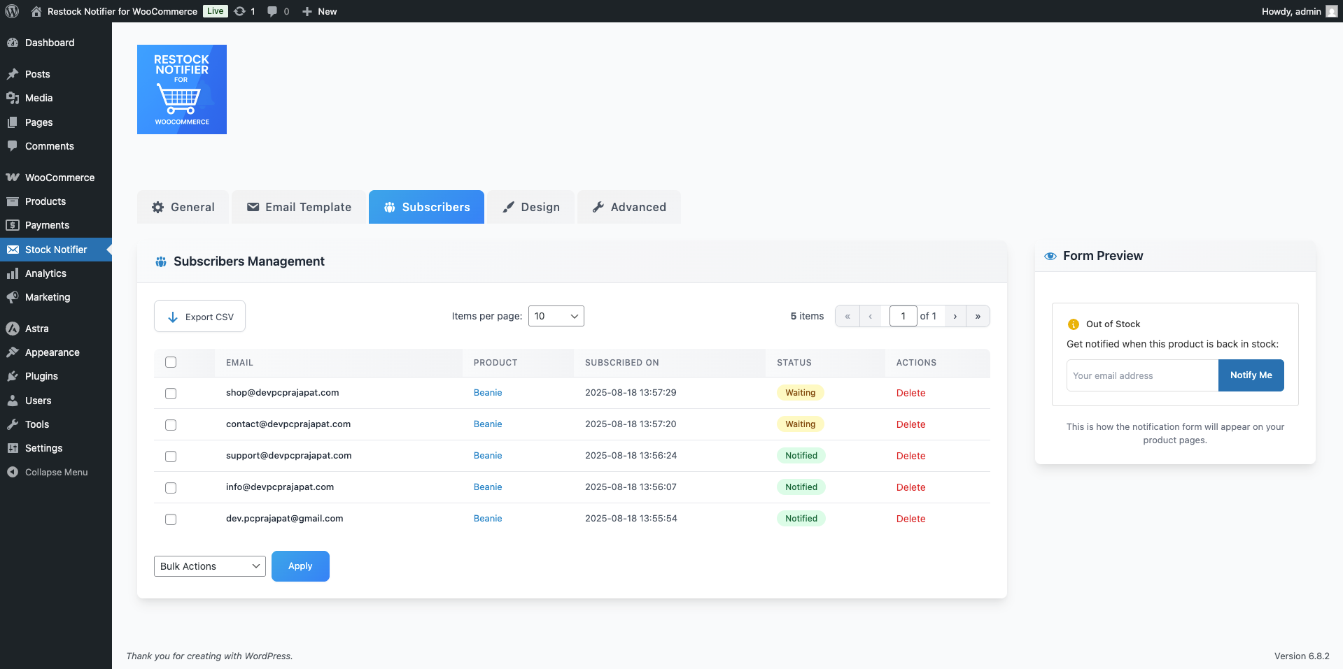 Subscriber list with email, product, status, and export/delete options.
