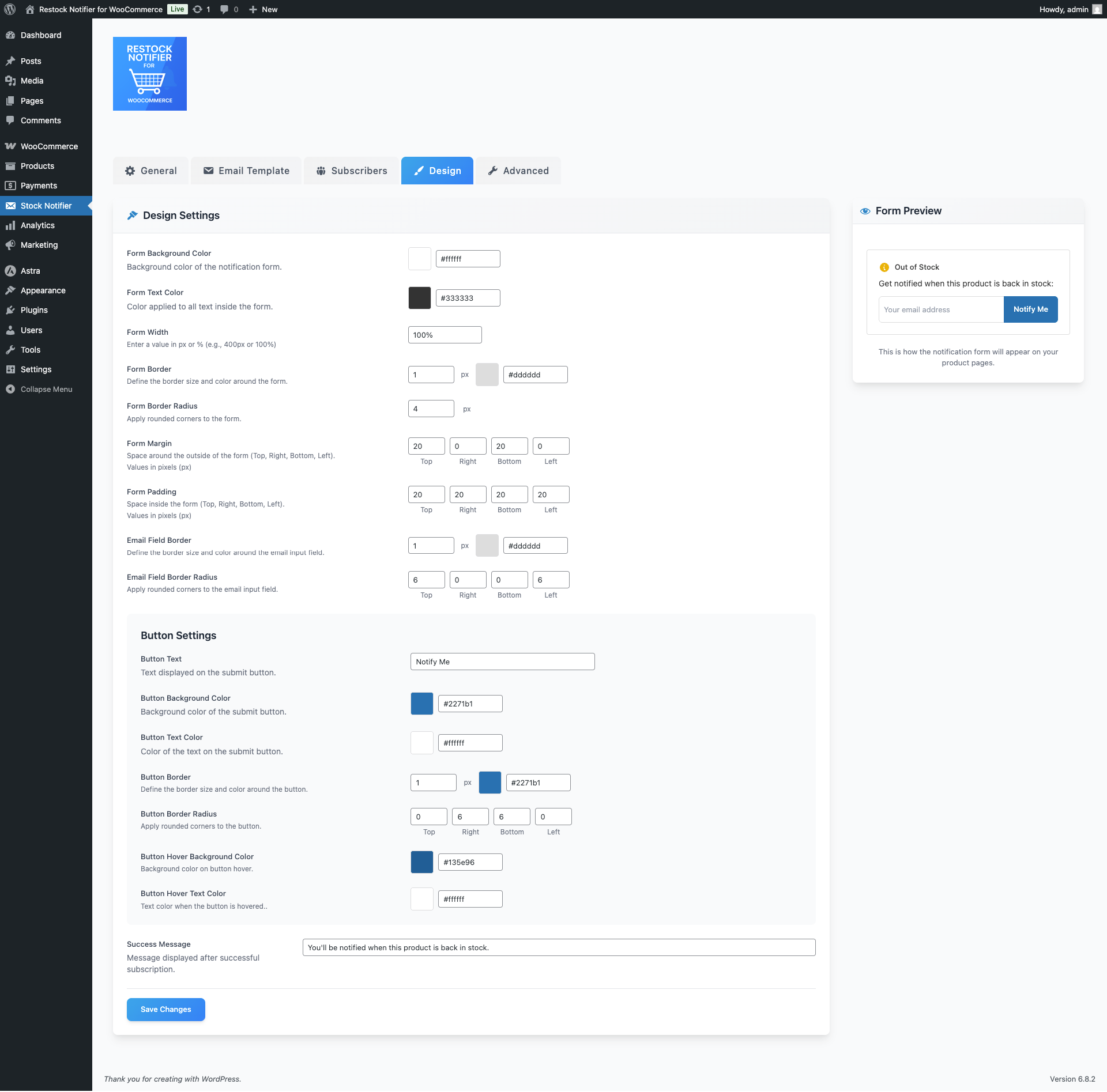 Design tab for customizing form layout, colors, borders, and more.