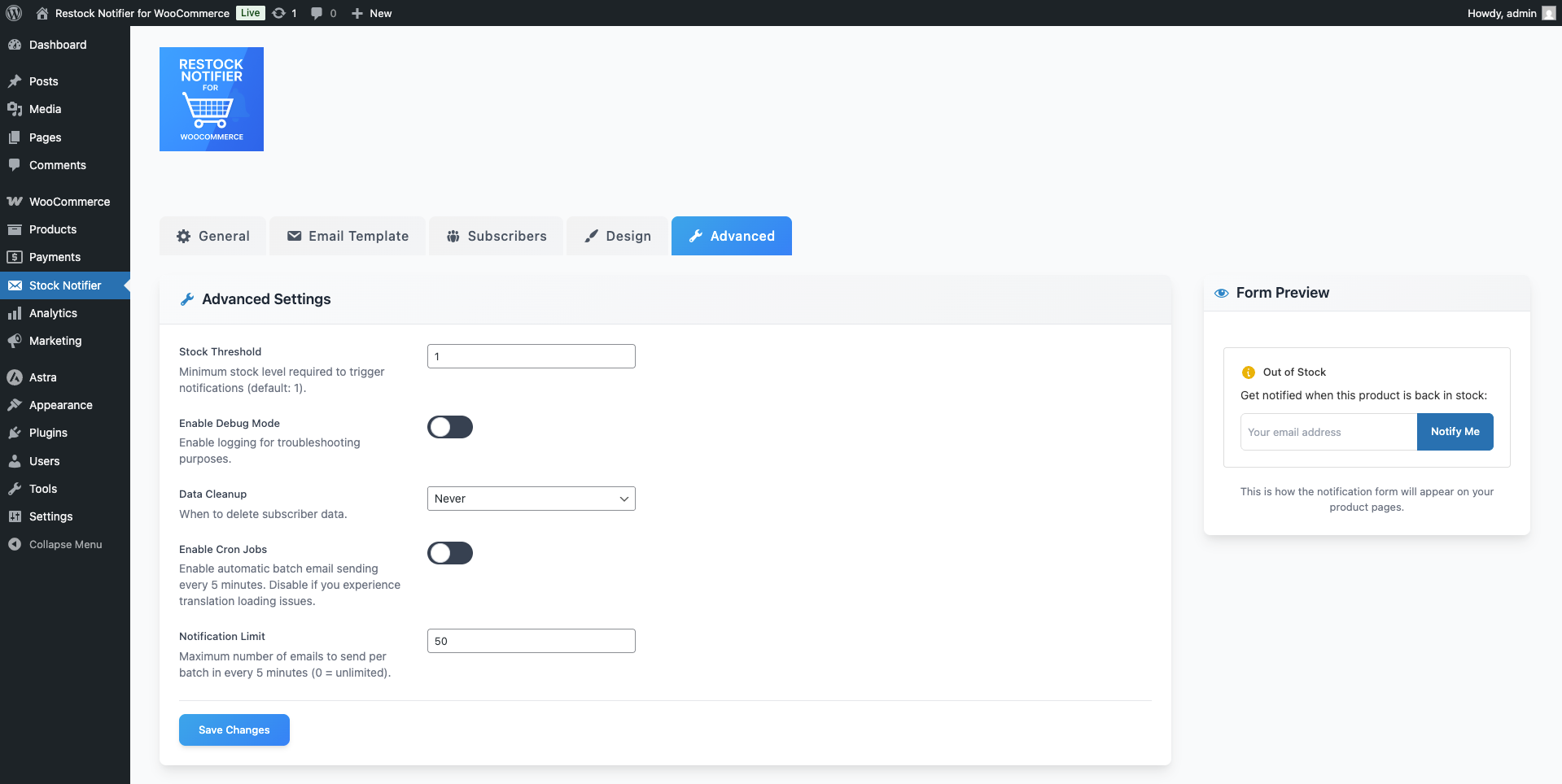 Advanced settings tab with options for stock threshold, batch limits, and cleanup schedule.