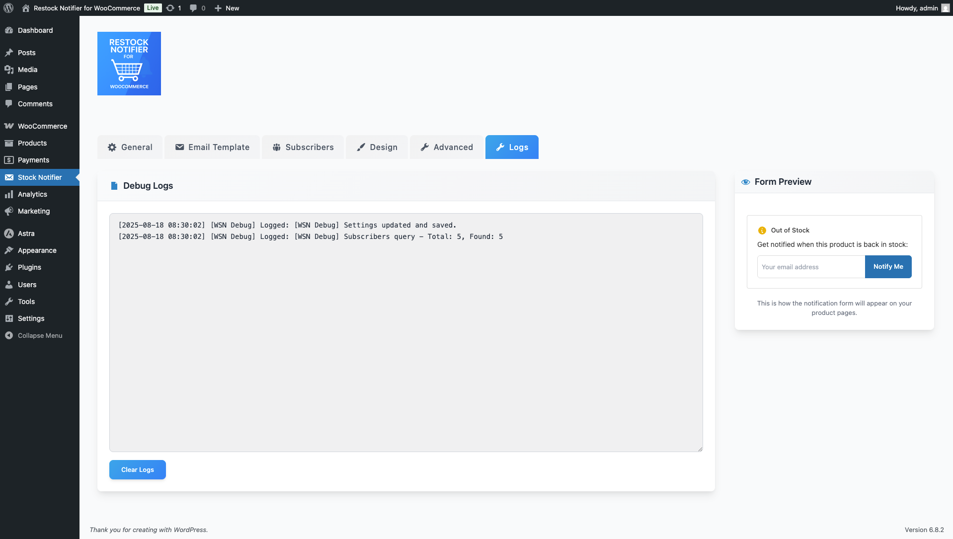 Debug tools for testing notifications and troubleshooting issues.