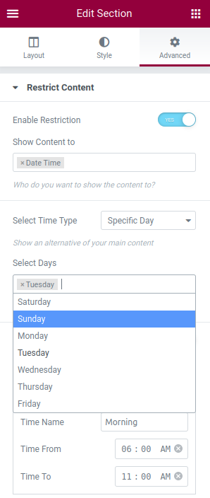 Day and time based restriction