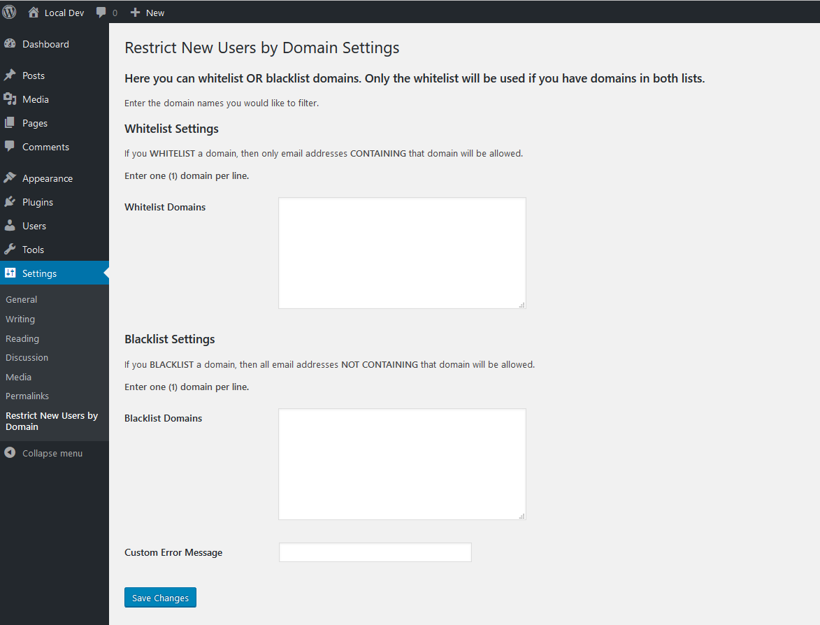 The Restrict New Users by Domain settings page. It is accessed by going to Settings -> Restrict New Users by Domain