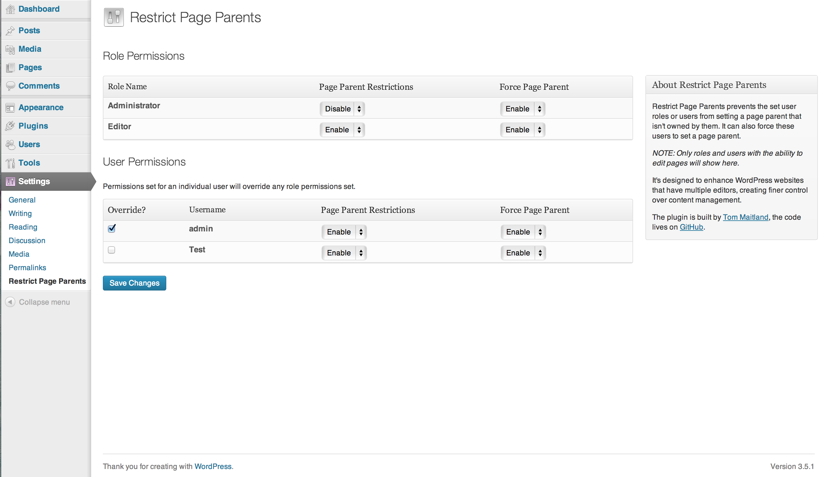 The plugin options page.