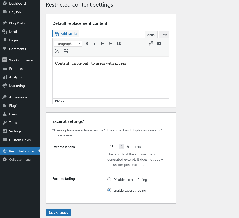 Plugin settings page in the Restricted content menu admin tab.