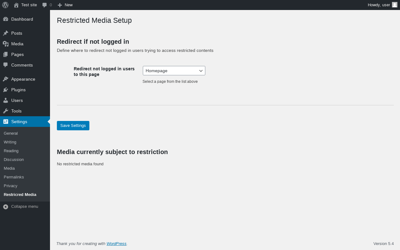 Restricted Media, Pages and Posts setup page