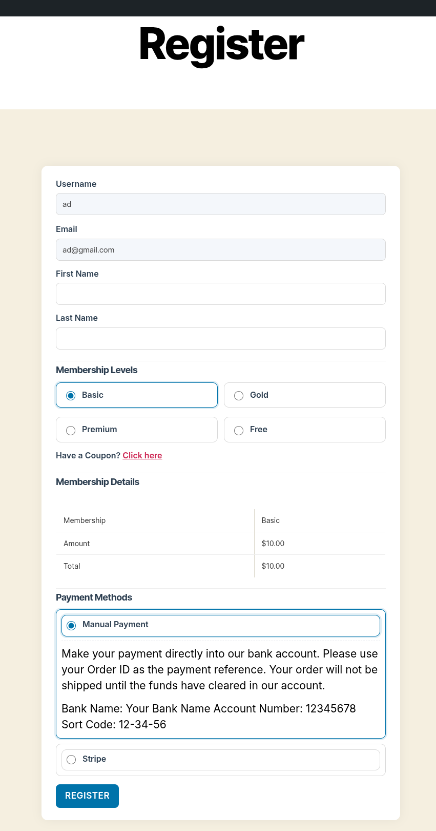 Frontend Registration Form