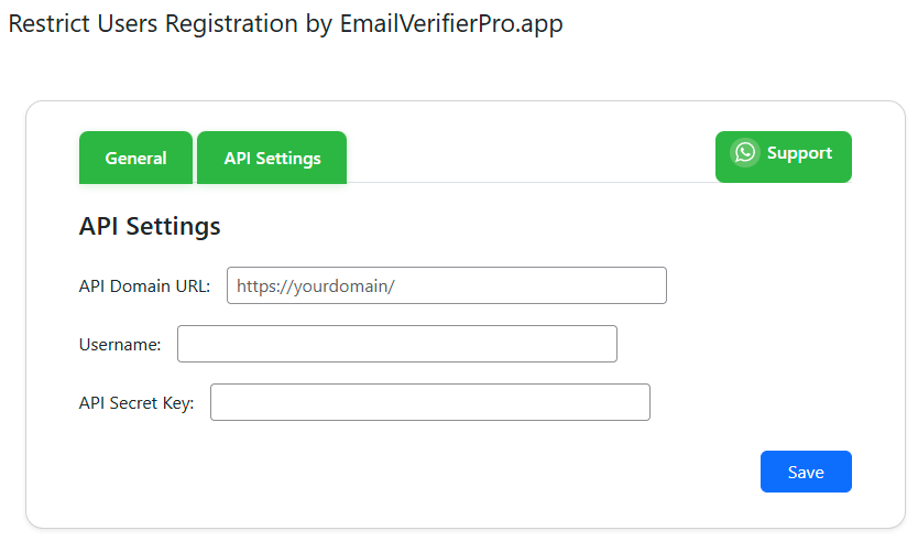 Settings page with API integration
