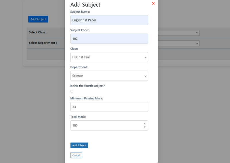 **Add Subject**: Interface for adding subjects to classes.