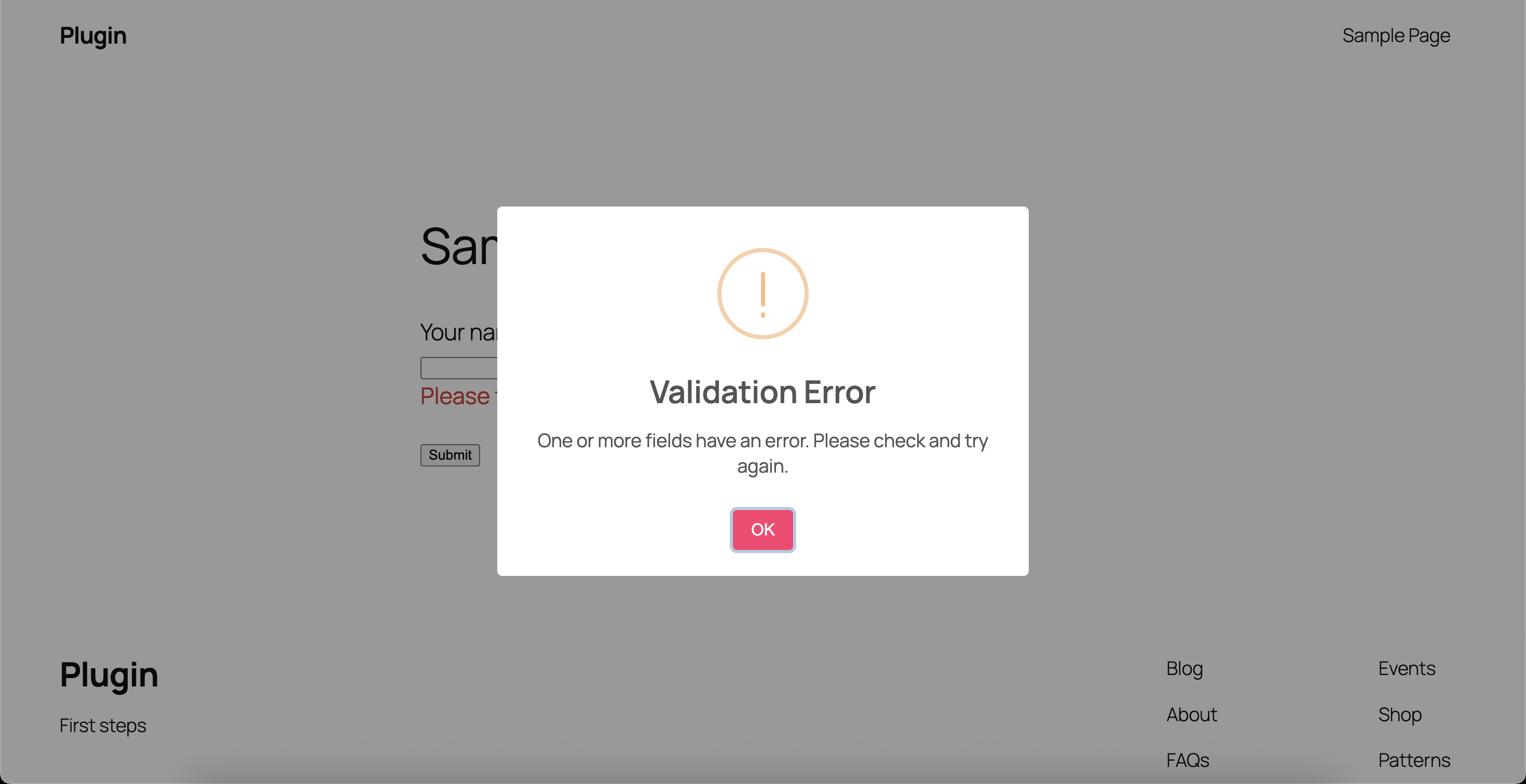 Example of a styled validation error modal
