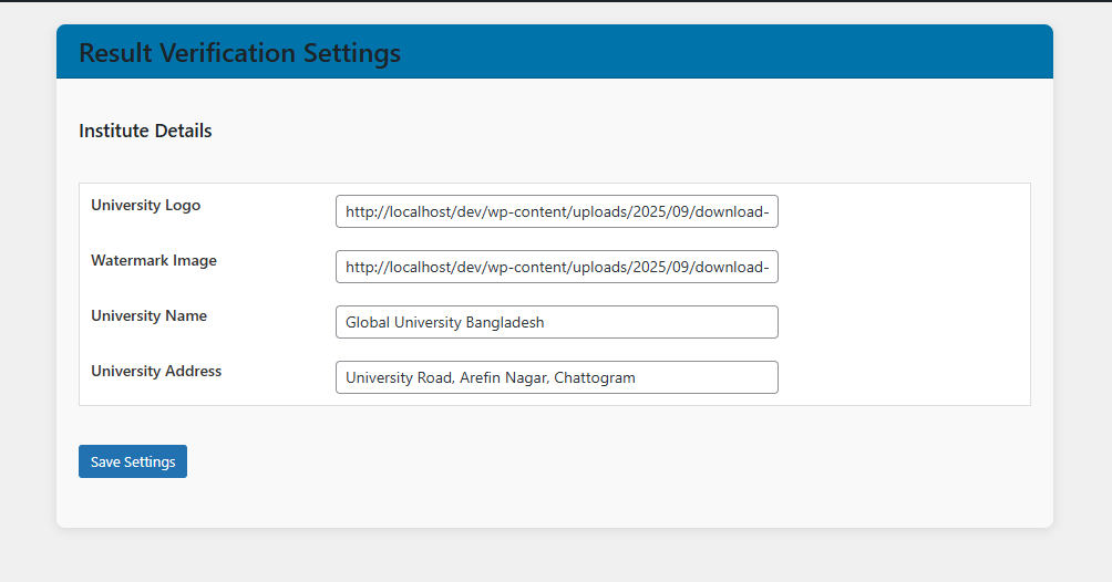 Settings page for adding logos, watermarks, and institution information.