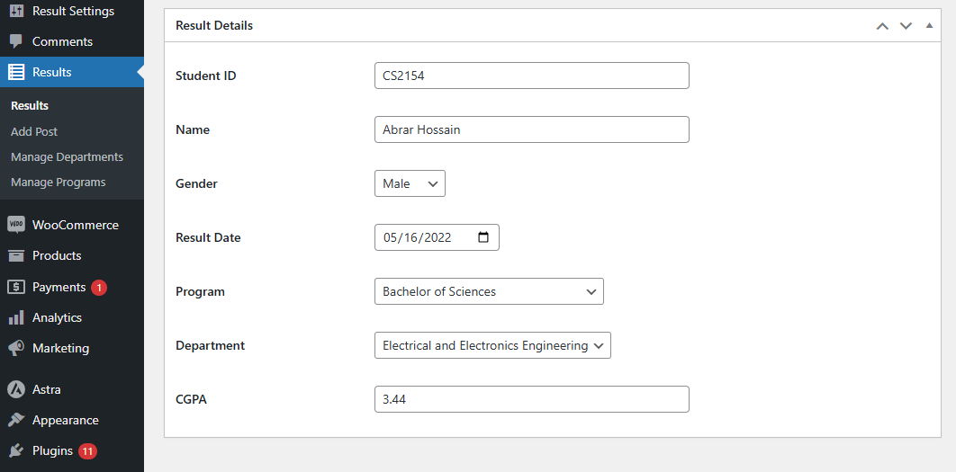 Admin interface for adding and managing student results.