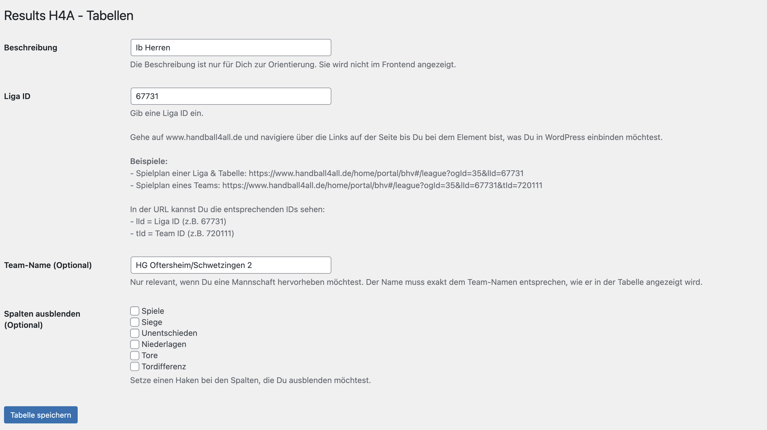 Backend: Standing edit page (German)