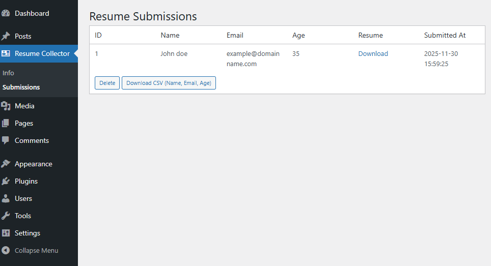 Resume Submission Page Example