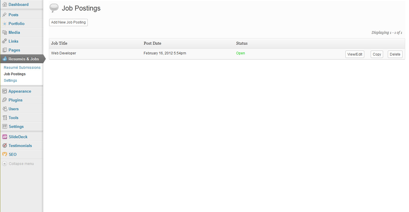 The Resume Submissions lets you view or edit submitted user resumes. Can also sort by job or keyword.