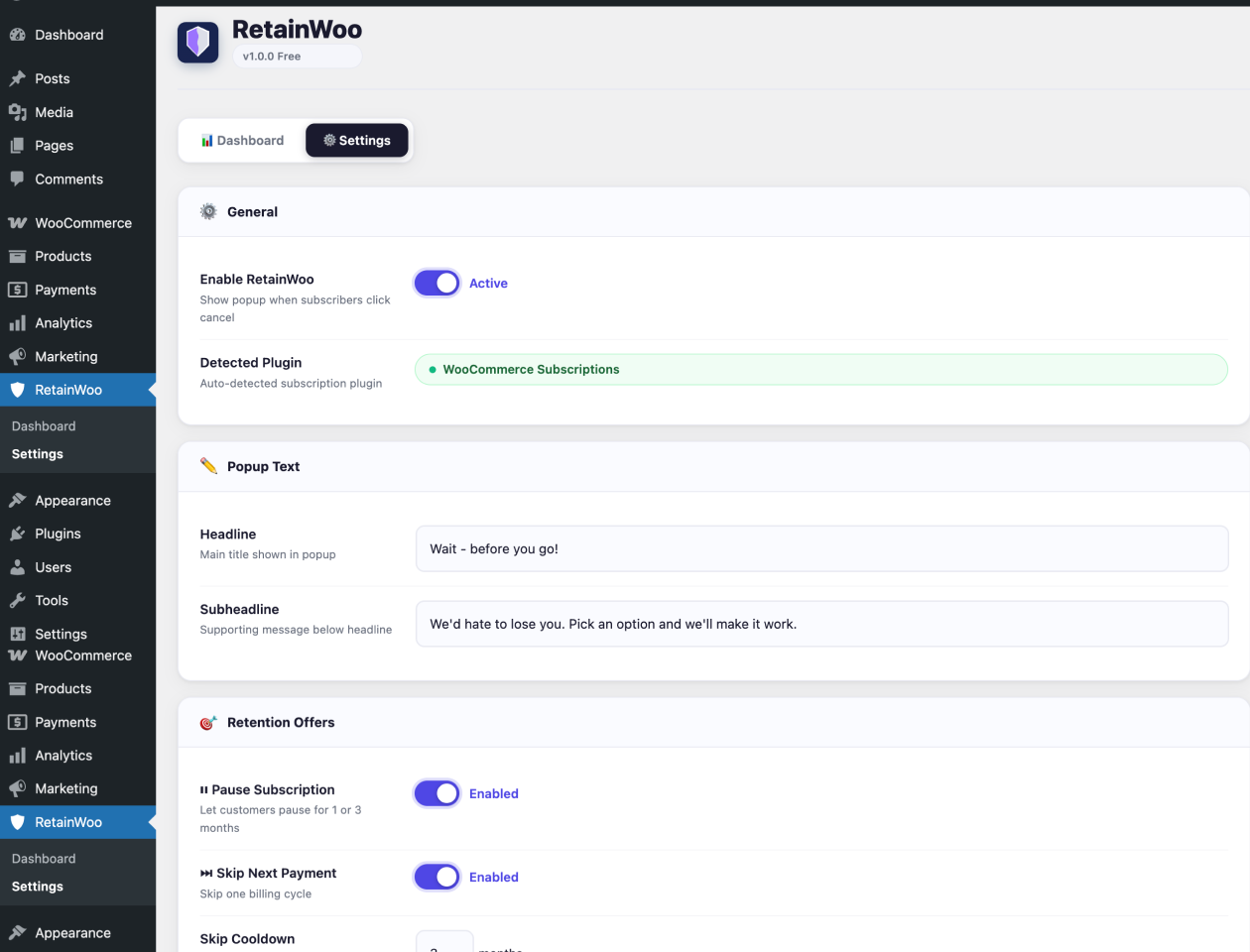 The settings page with all configuration options