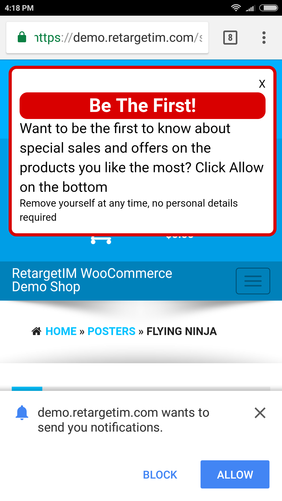 Example of the opt-in message with the "Approve" window in android