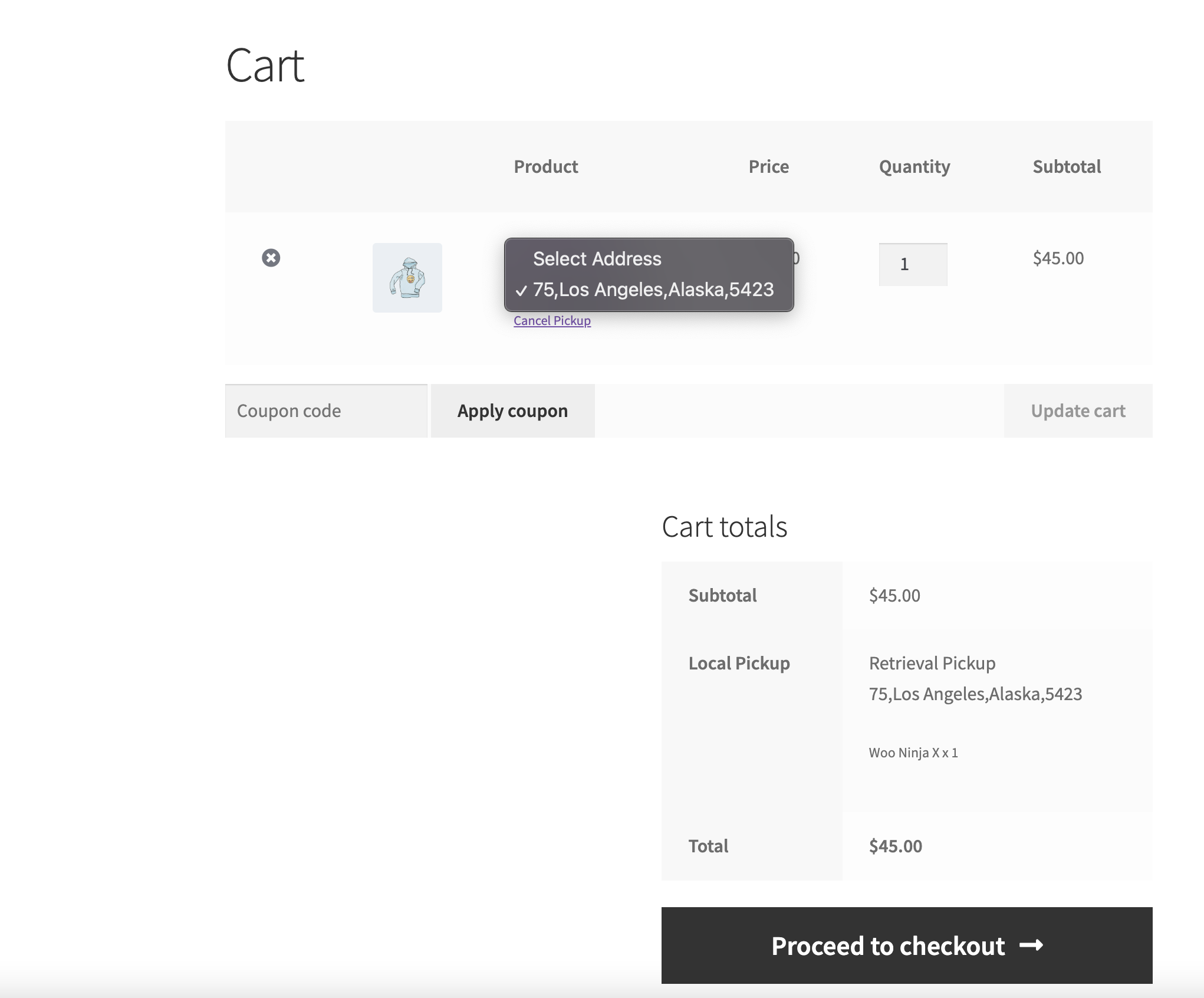 Choose pickup location from Cart item.