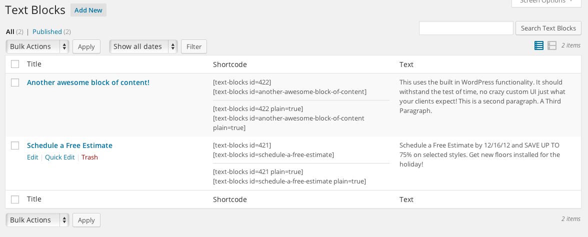 Text Blocks list view, with quick view of content and shortcode.