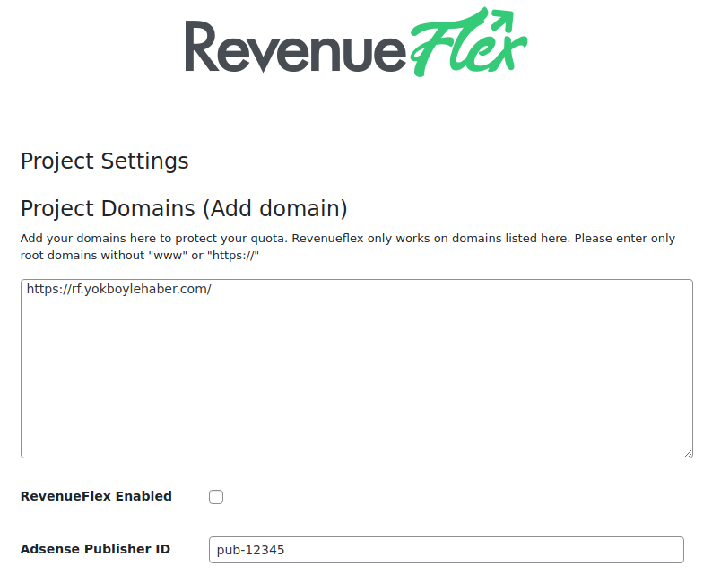 Project Settings 1: Project Domain, RevenueFlex Enabled, Adsense Publisher Id