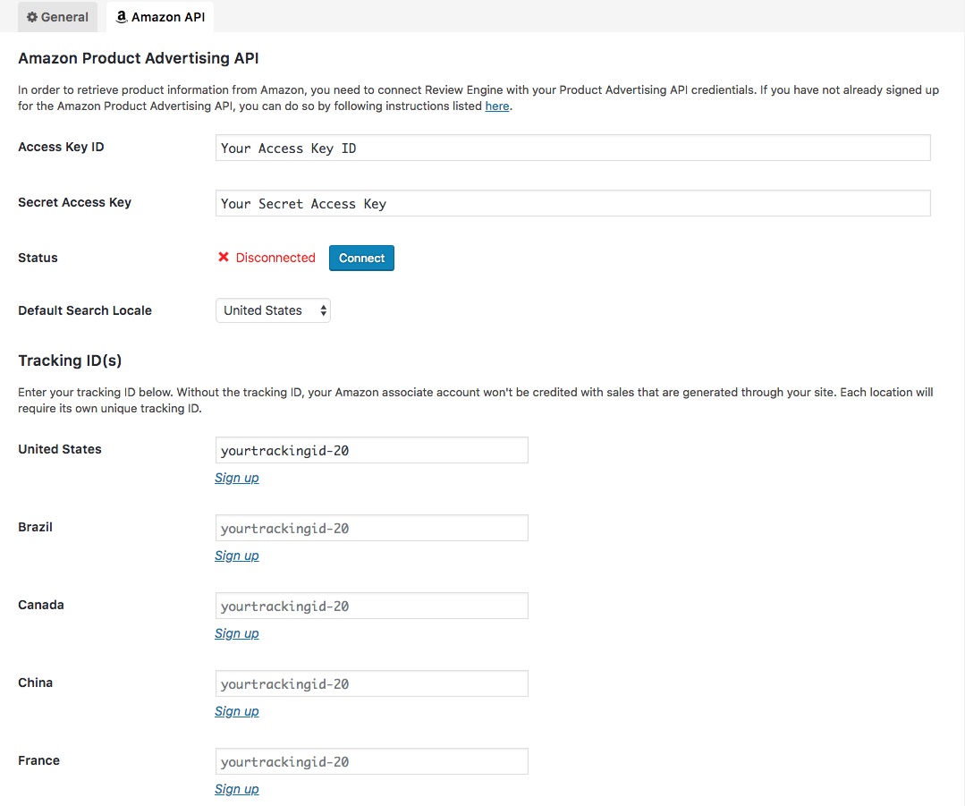 Amazon API settings page.