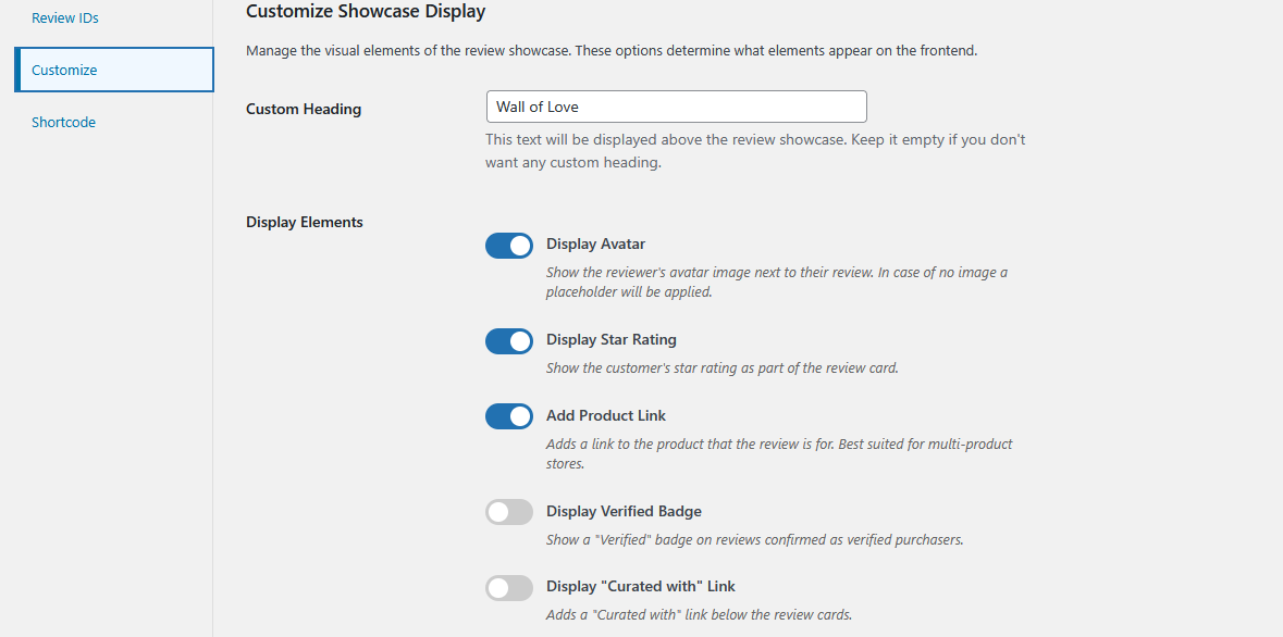 Admin panel to customize how reviews will appear.