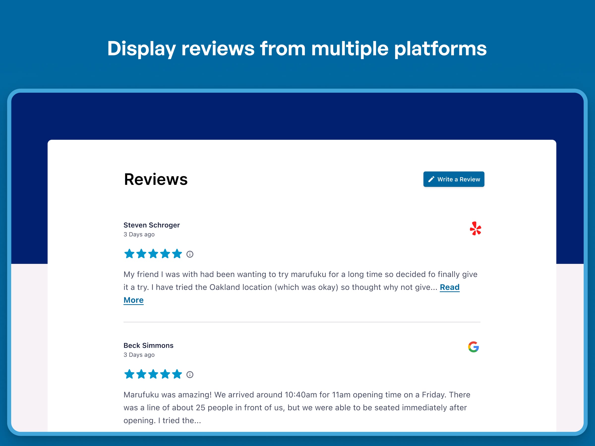 Display reviews from multiple platforms