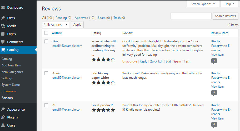 Reviews admin screen for custom post type