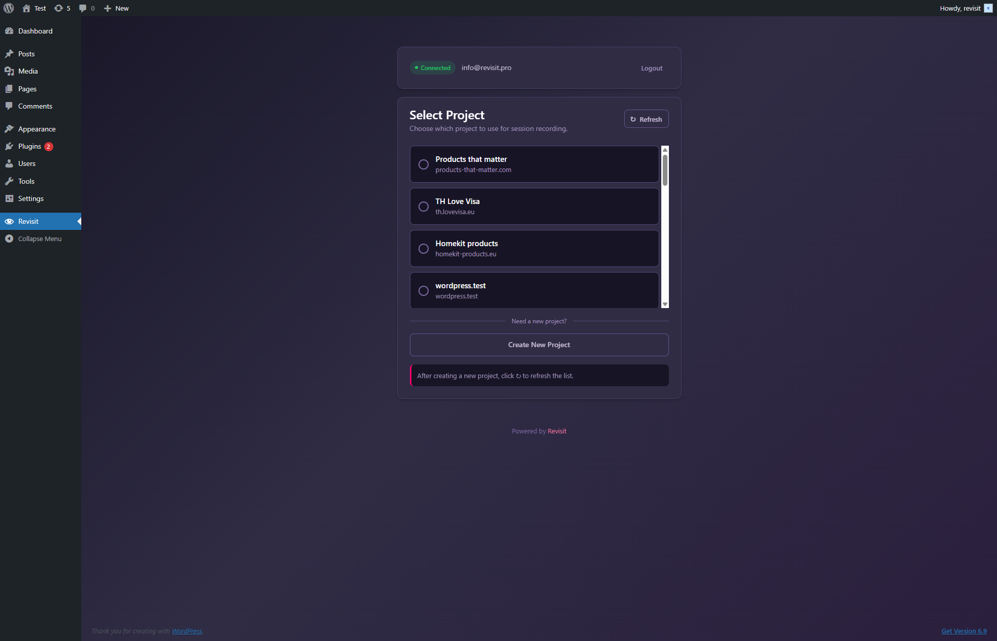 Project selection - Choose which project to use for recording