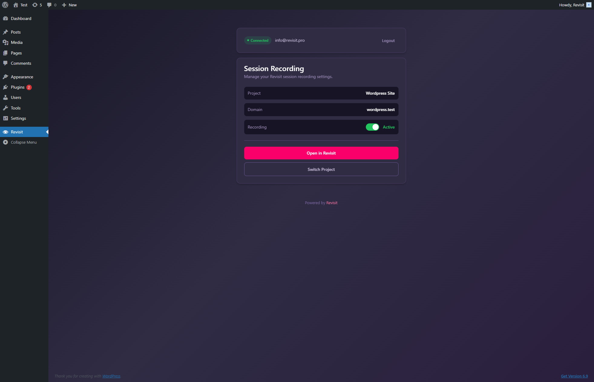 Configuration view - See your current settings and toggle recording