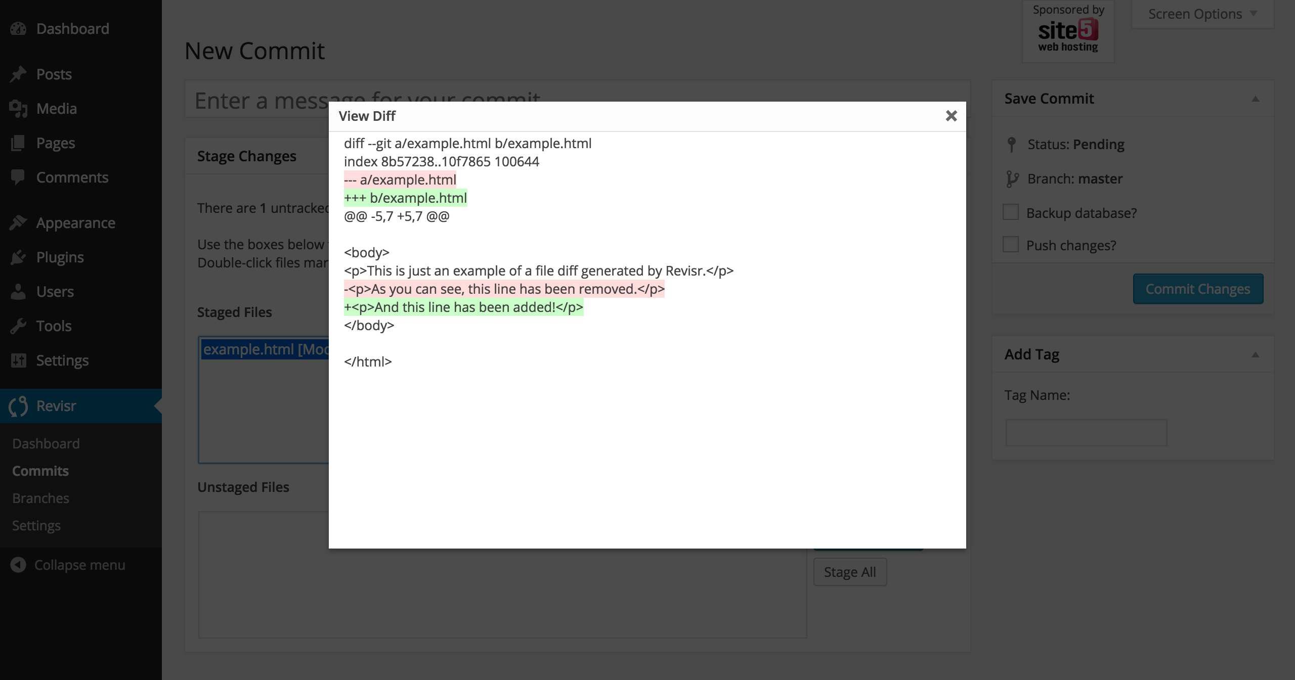 Easily view changes in files with Revisr's diffs.