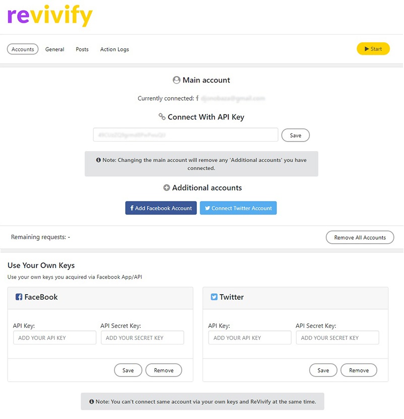 Revivify Social Accounts page