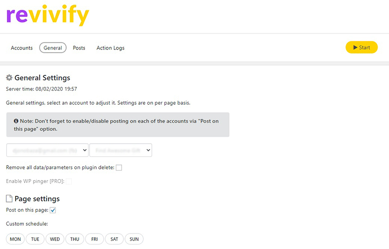 Revivify Social General settings (partial view)